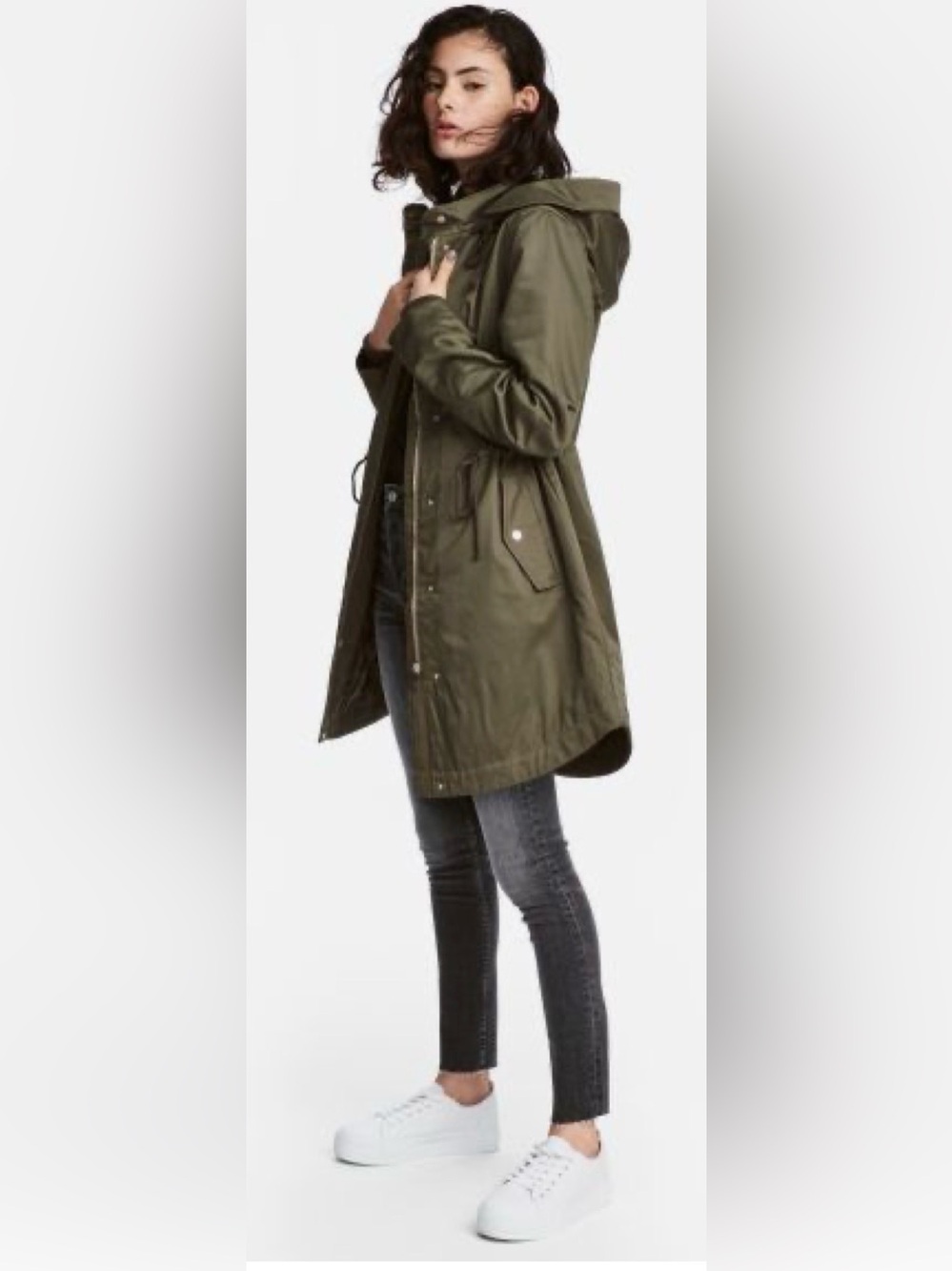 H&M Olive Hooded Trench Coat for Women